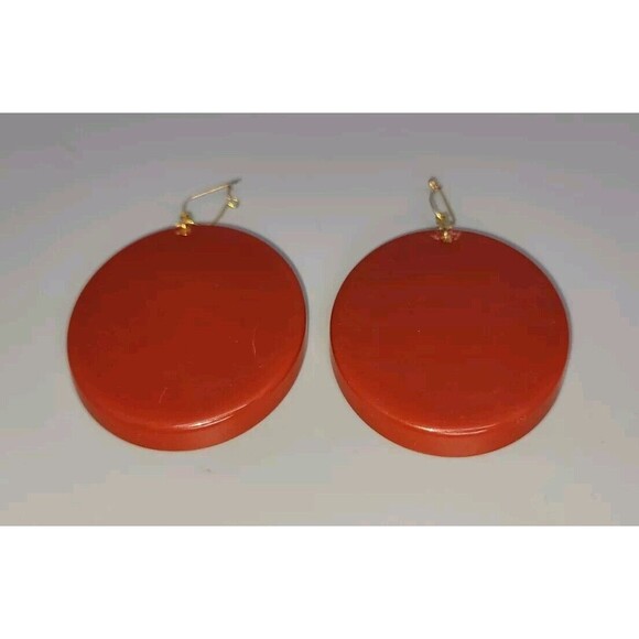 Vtg Bakelite Groovy Burnt Orange Oval Dangle Pierced Earrings Huge Retro Costume - Picture 2 of 5
